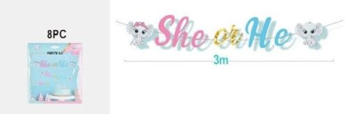 DÍSZ BANNER "SHE OR HE" 3M