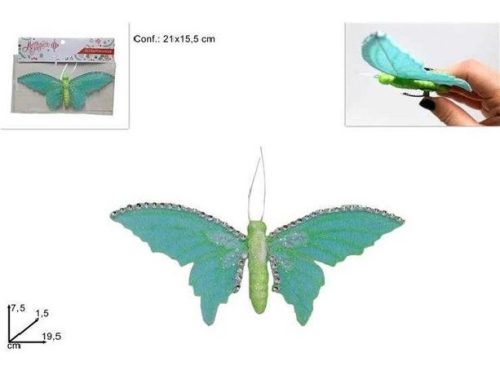 KARÁCSONYI DÍSZ PILLANGÓ CSIPTETŐS ZÖLD CSILLOGÓS 21X15,5CM